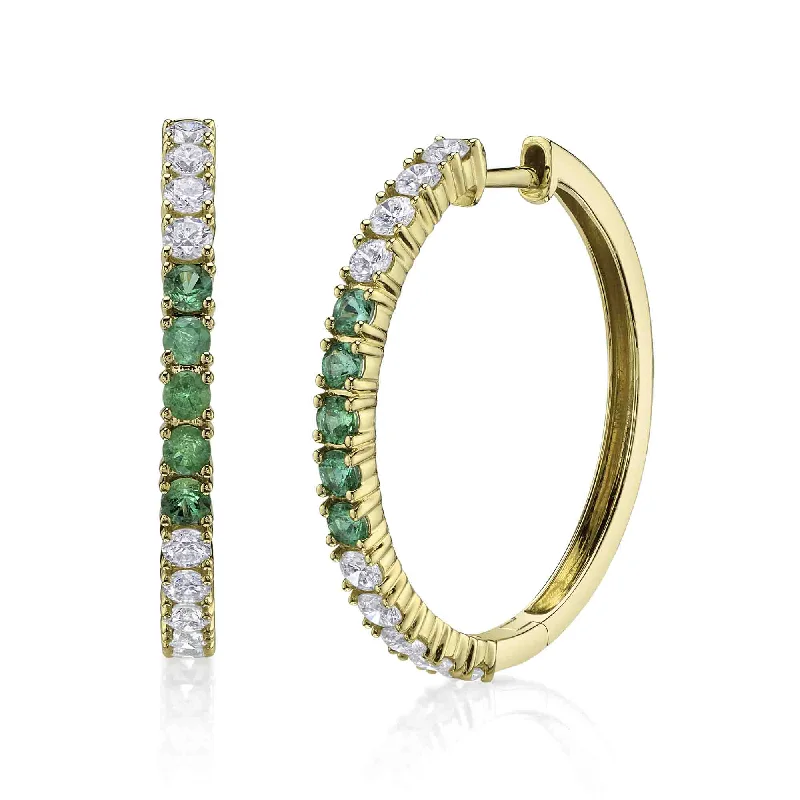 diamond earrings for women-14kt Yellow Gold Hoop Earrings / 0.91ct TW Diamond & 0.50ct Emerald TW