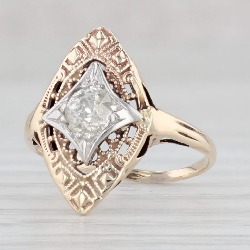 cushion-cut engagement rings for women-Vintage 0.27ct Diamond Solitaire Ring 10k Yellow Gold Size 3.5 Ornate Filigree