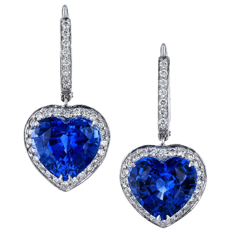 sterling silver stud earrings for women-Heart Shaped Ceylon Sapphire Platinum Diamond Pave Earrings