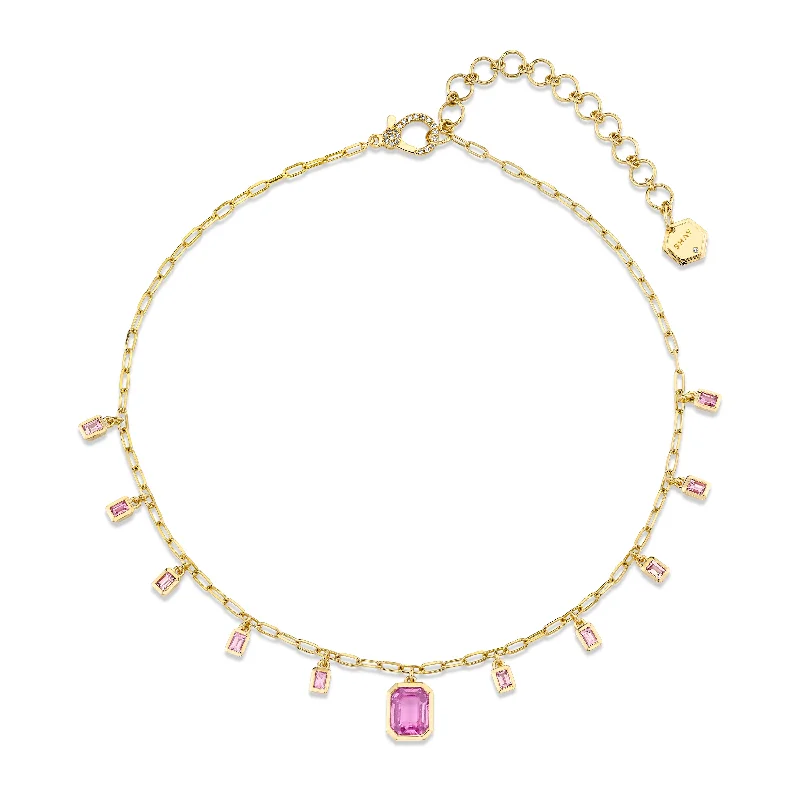 custom name necklaces for women-PINK SAPPHIRE BAGUETTE DROP CHOKER