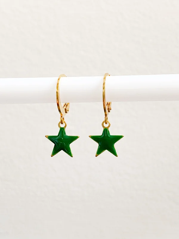 unique drop earrings for women-Emerald Star Huggie Earrings