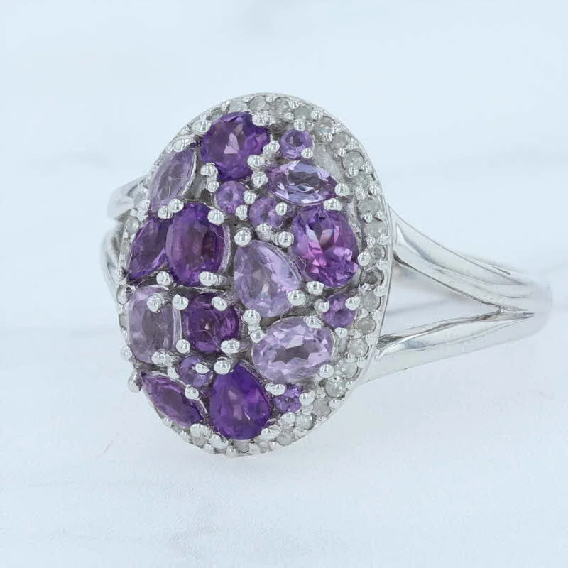 gemstone engagement rings for women-New Amethyst Cluster Diamond Halo Ring Sterling Silver Purple Cocktail Size 8