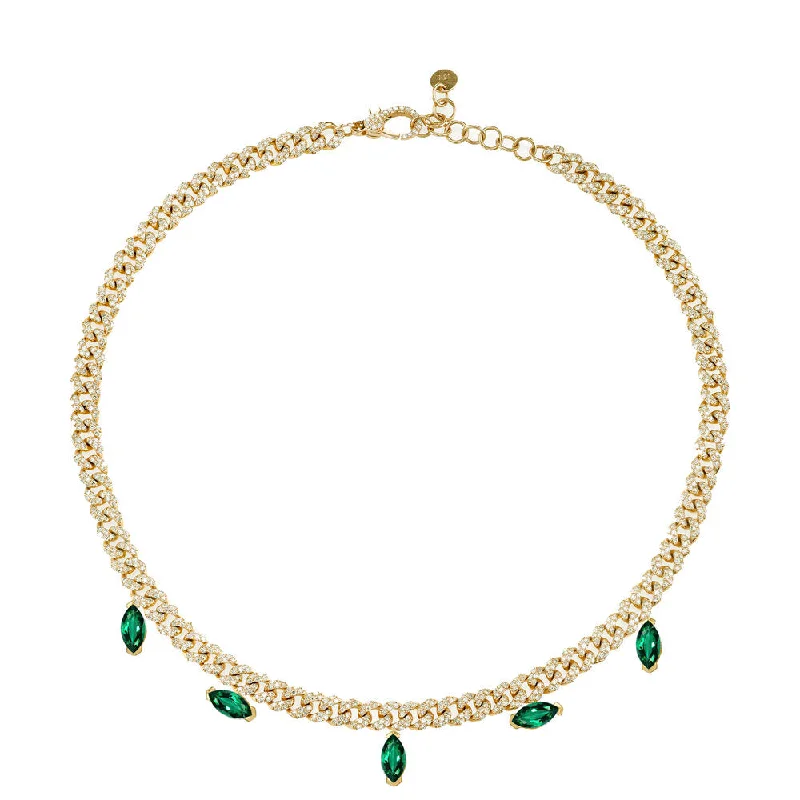 crystal necklaces for women-EMERALD MARQUISE DROP MINI LINK NECKLACE