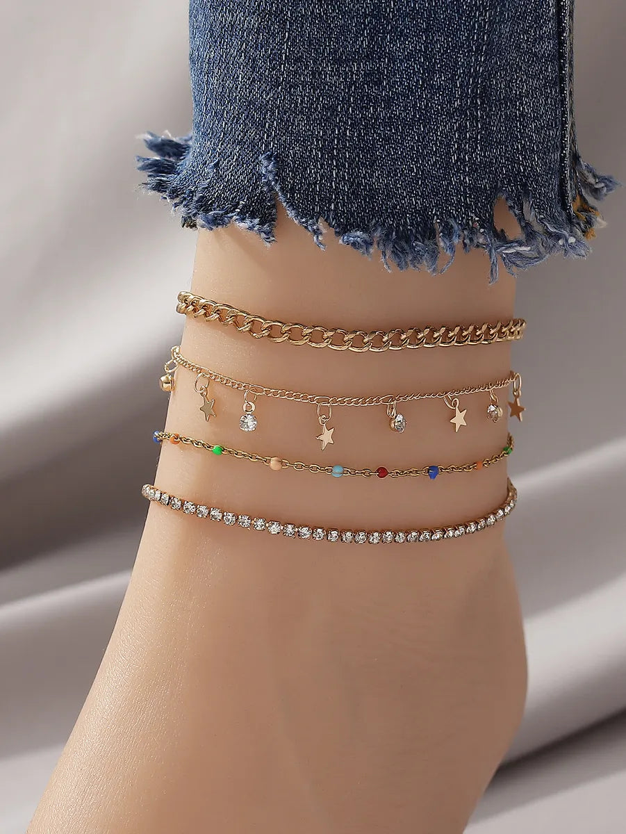 beaded anklet for women-Vacation Sweet Star Alloy Tassel Inlay Rhinestones Women's Anklet