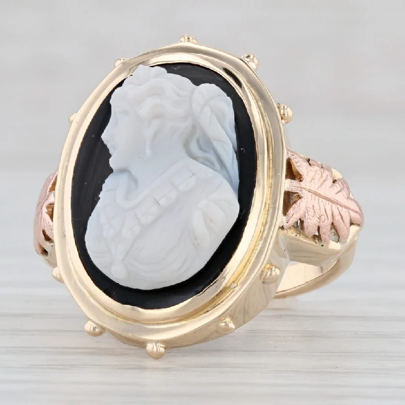 wedding and engagement rings for women-Antique Chalcedony Black & White Cameo Ring 14k Yellow Rose Gold Size 6.25