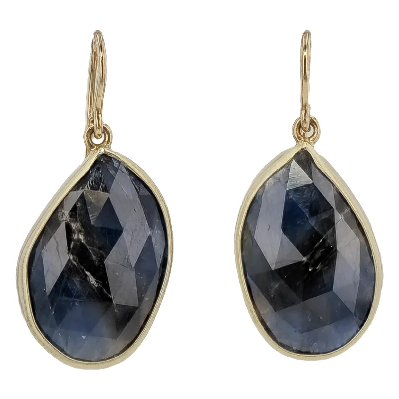 minimalist earrings for women-Dark Blue Sapphire Slice Yellow Gold Drop Earrings