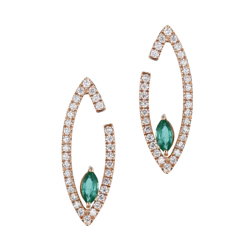 flower earrings for women-Diamond and Emerald Rose Gold Earrings