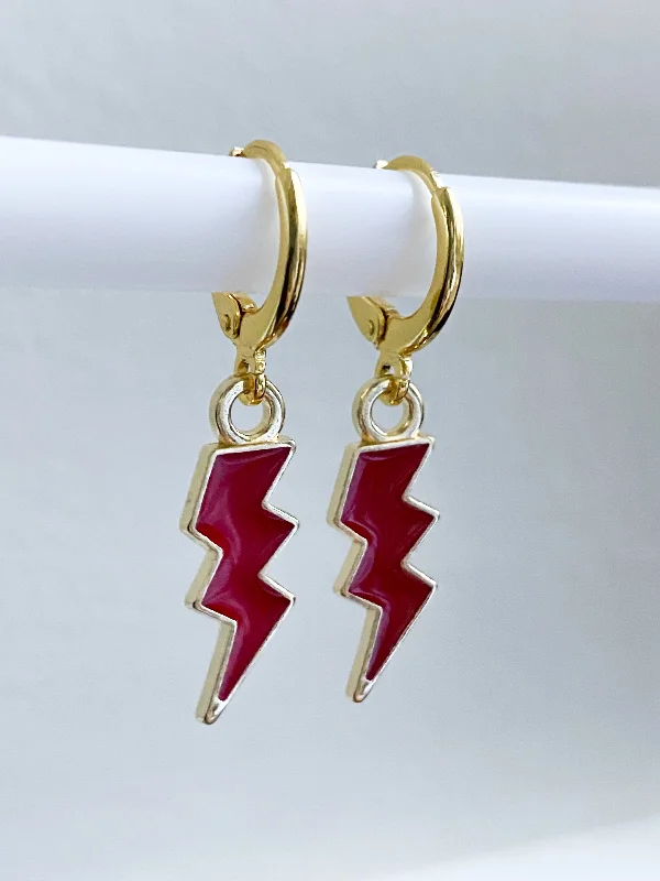 bohemian earrings for women-Red Lightning Bolt Huggie Earrings