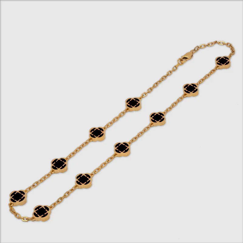 bar necklaces for women-Onyx Clover Stone Necklace (Gold)