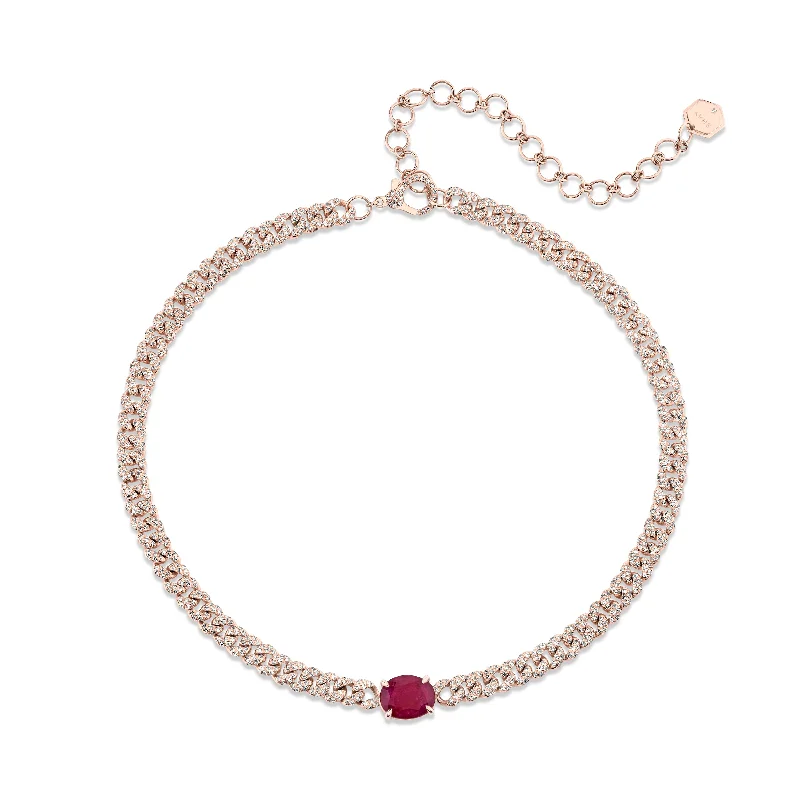 crystal necklaces for women-RUBY SOLITAIRE OVAL PAVE MINI LINK NECKLACE