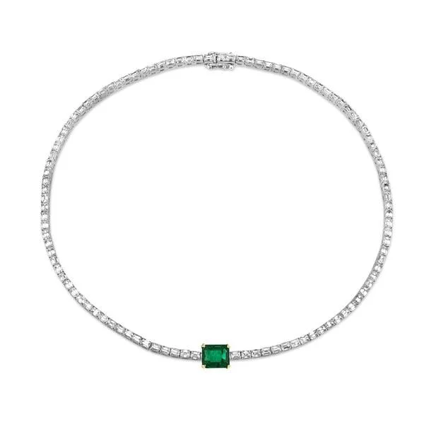 vintage-inspired necklaces for women-DIAMOND & EMERALD BAGUETTE TENNIS NECKLACE