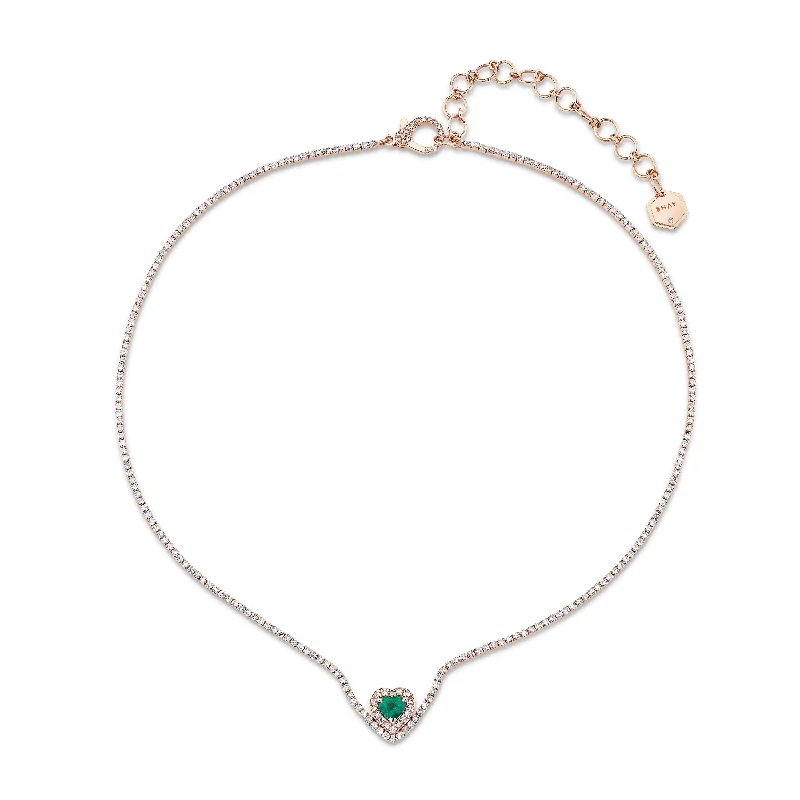 boho necklaces for women-READY TO SHIP EMERALD & DIAMOND FLOATING HEART PAVE THREAD NECKLACE