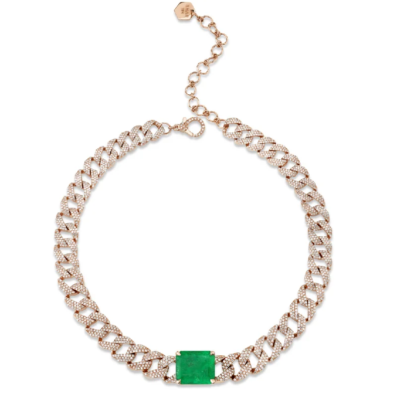 snake chain necklaces for women-EMERALD SOLITAIRE PAVE GEO LINK NECKLACE