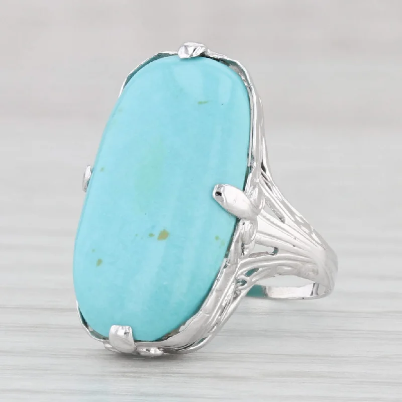 vintage engagement rings for women-Vintage Stabilized Turquoise Ring 14k White Gold Size 2.5 Oval Cabochon