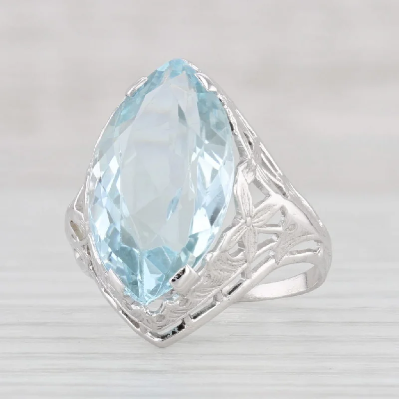 designer engagement rings for women-Vintage 6ct Aquamarine Marquise Solitaire Ring 14k White Gold Floral Size 5