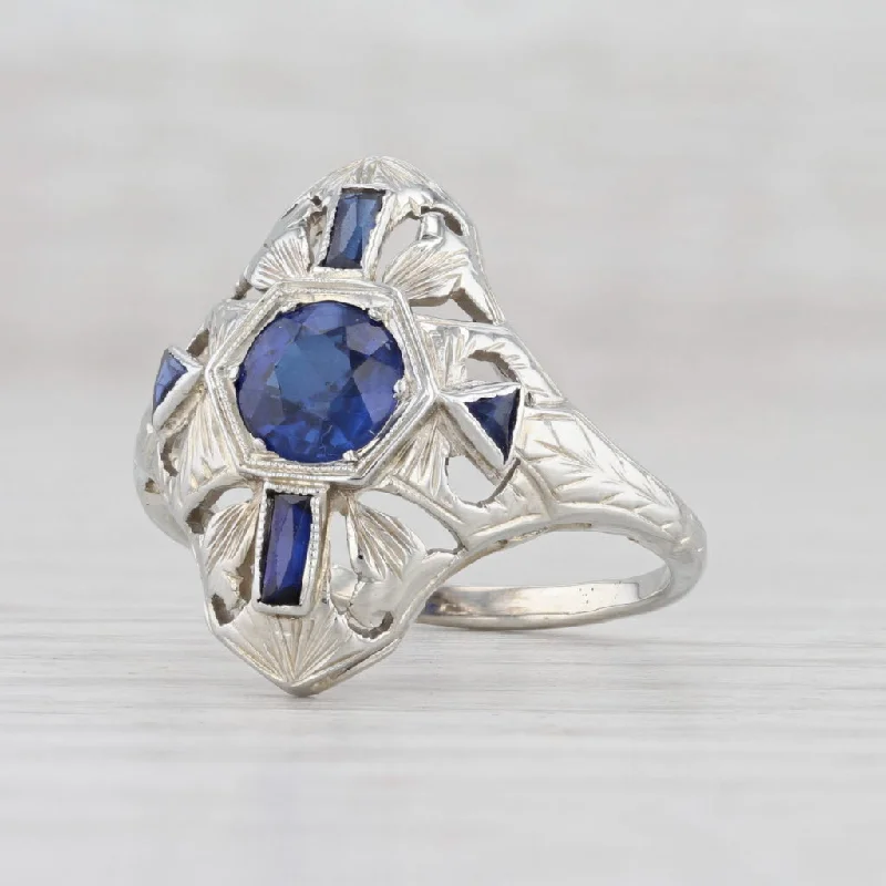 yellow diamond engagement rings for women-Art Deco Synthetic Blue Sapphire Ring 18k White Gold Size 7 Vintage Floral