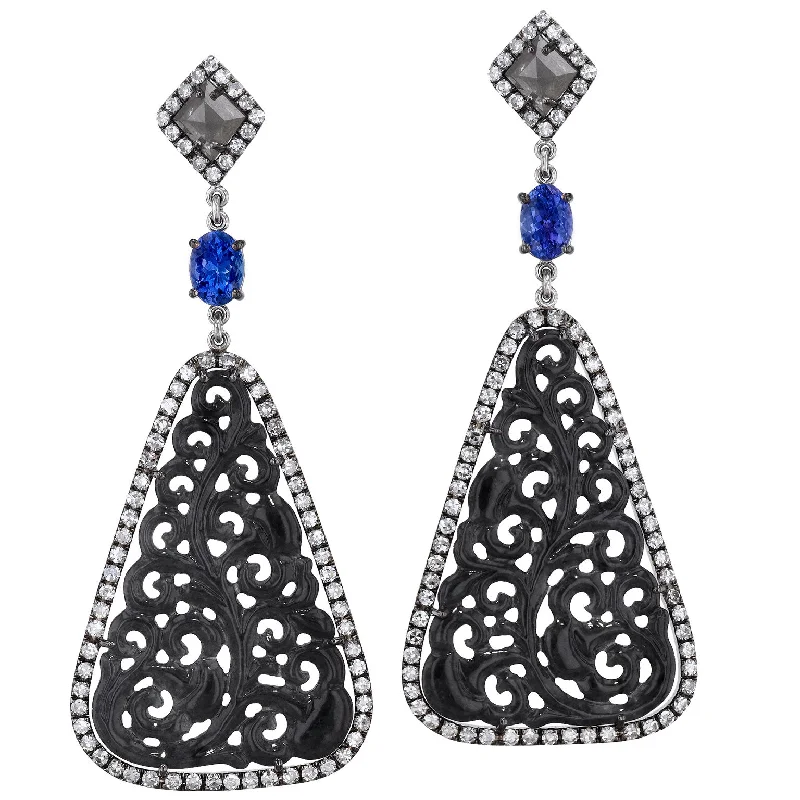 rose gold drop earrings for women-Anthracite Hue Jadeite Slice Drop Earrings with Tanzanite Gems and Diamond Pave