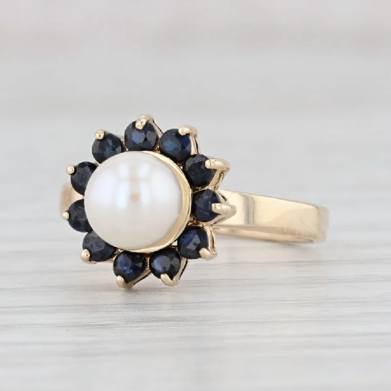 engagement rings with large diamonds for women-Cultured Pearl Blue Sapphire Halo Ring 14k Yellow Gold Size 5