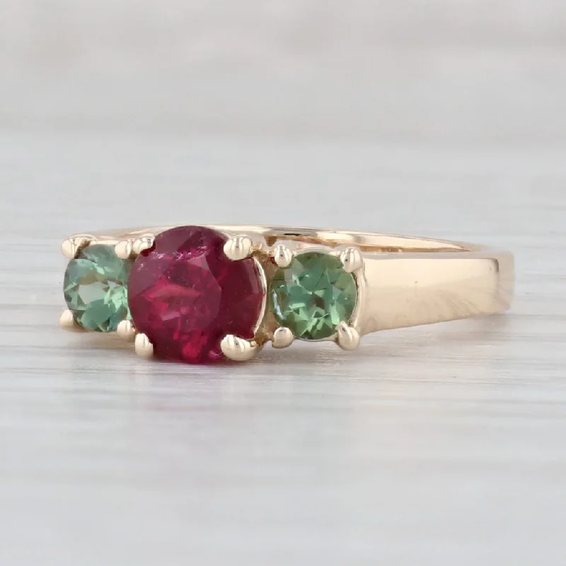 vintage-style solitaire engagement rings for women-1.67ctw Rubellite Green Tourmaline Ring 14k Yellow Gold 3-Stone Size 7.75