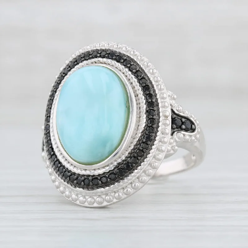 matching engagement rings for women-Blue Larimar Black CZ Halo Ring Sterling Silver Size 8 Cocktail Statement