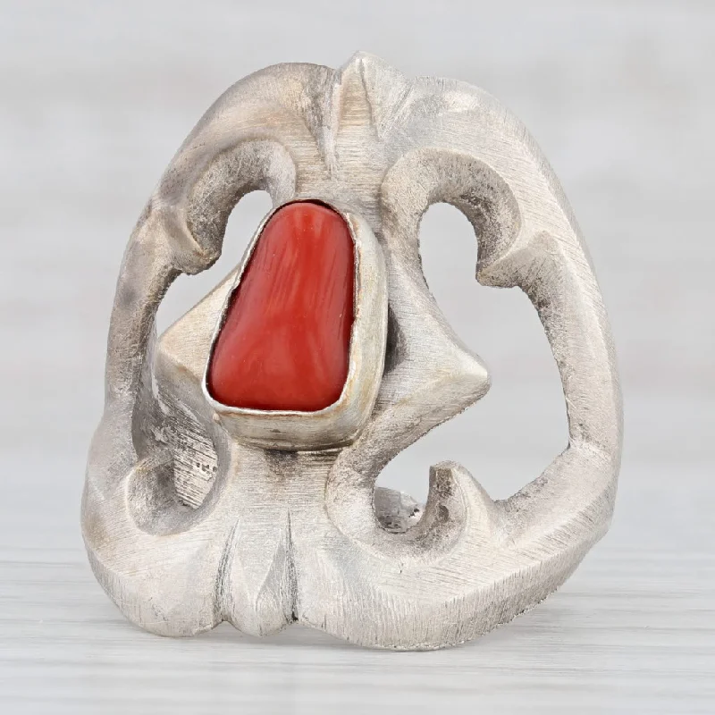 designer engagement rings for women-Chimney Butte Coral Ring Sand Cast Sterling Silver Native American Navajo