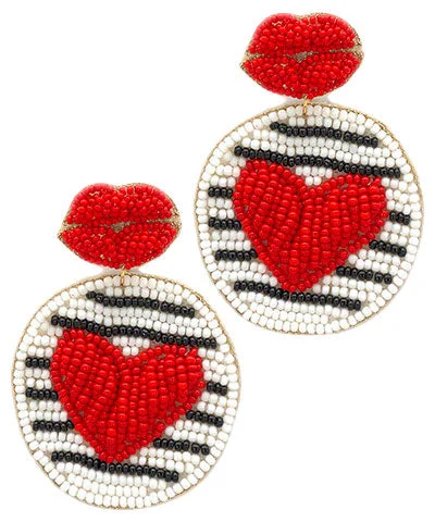 minimalist earrings for women-Beaded Heart & Lips Earrings Red