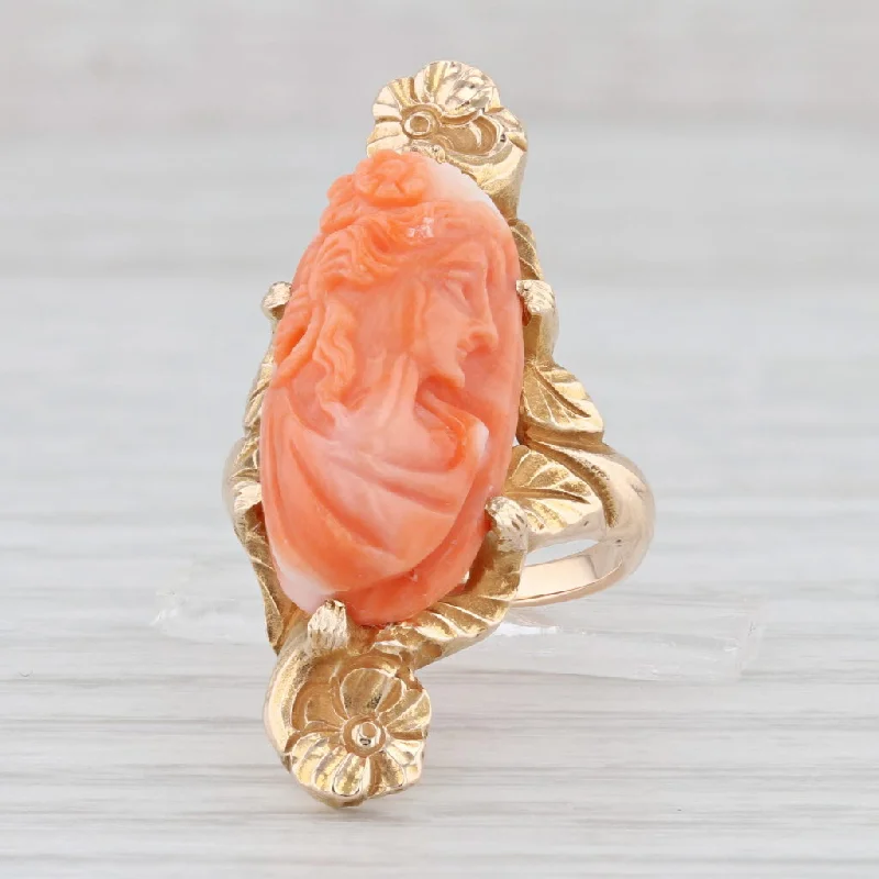 romantic engagement rings for women-Vintage Carved Coral Cameo Ring 10k Yellow Gold Floral Statement size 4