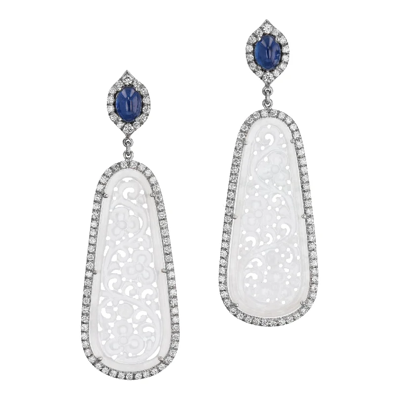 pearl drop earrings for women-Icy Jadeite and Blue Sapphire White Gold Drop Earrings