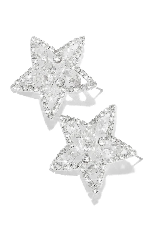 stylish hoop earrings for women-Rockstar Embellished Star Stud Earrings - Silver