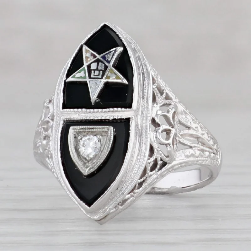 oval diamond engagement rings for women-Vintage Order Eastern Star Ring 14k White Gold Onyx Diamond Size 4 Masonic OES