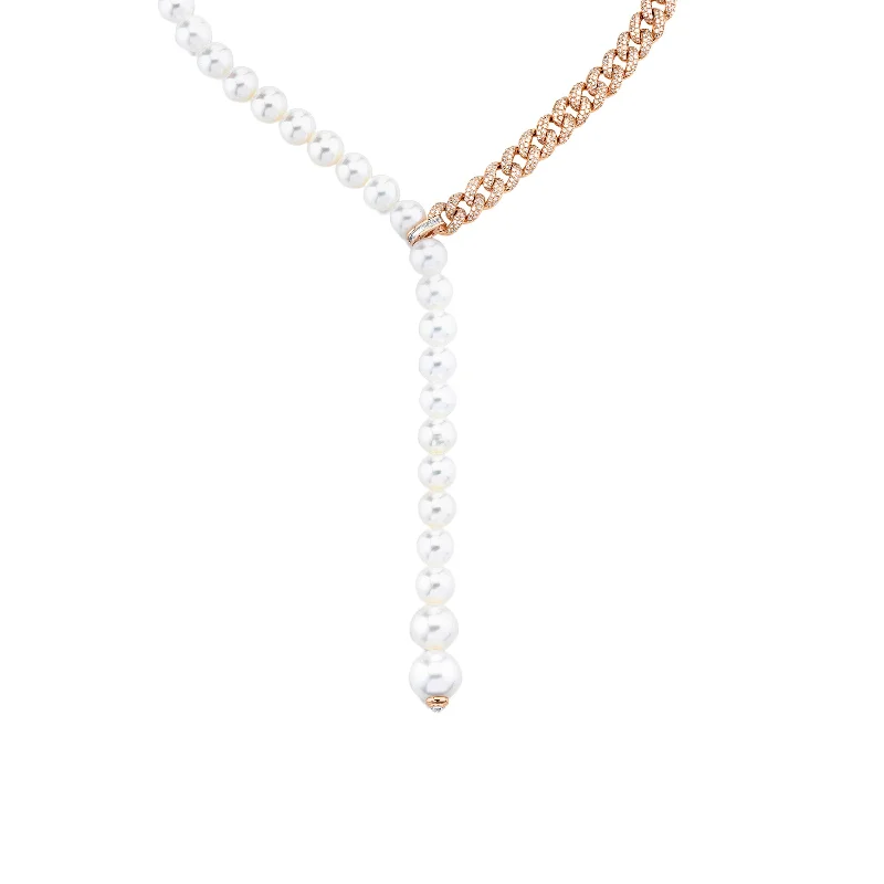 infinity pendant necklaces for women-READY TO SHIP PEARL & DIAMOND SPLIT Y NECKLACE