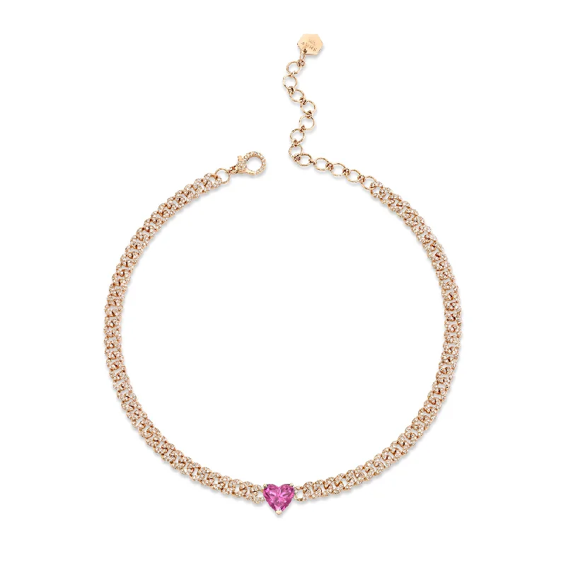 gold chain necklaces for women-READY TO SHIP PINK SAPPHIRE HEART MINI PAVE LINK NECKLACE