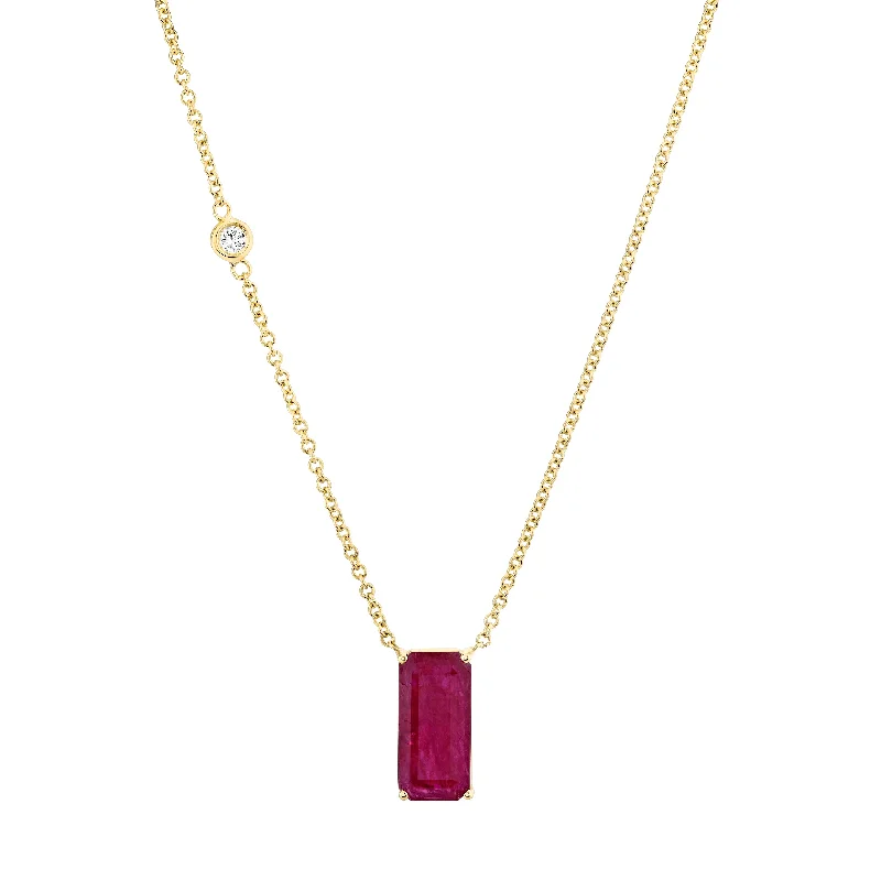 infinity necklaces for women-RUBY SOLITAIRE ELONGATED PENDANT NECKLACE