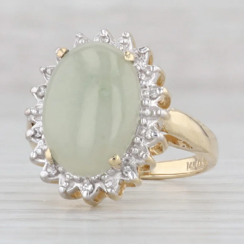 yellow diamond engagement rings for women-Green Jadeite Jade Oval Cabochon Diamond Halo Ring 14k Yellow Gold Size 6.75