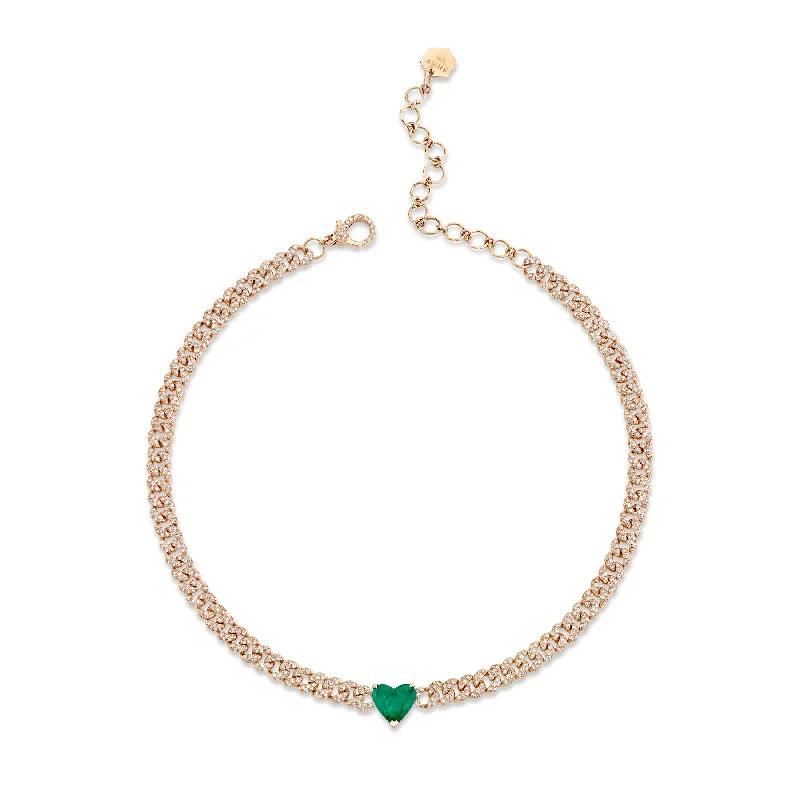 handmade necklaces for women-EMERALD HEART PAVE MINI LINK NECKLACE