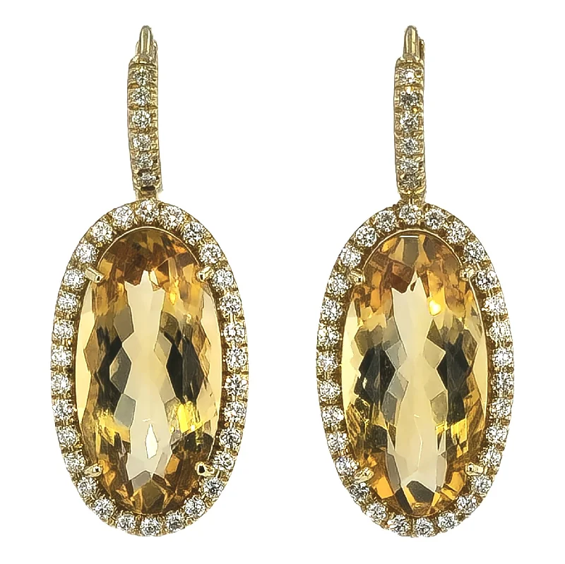 crescent earrings for women-Elongated Oval Citrine Diamond Pave Drop Earrings