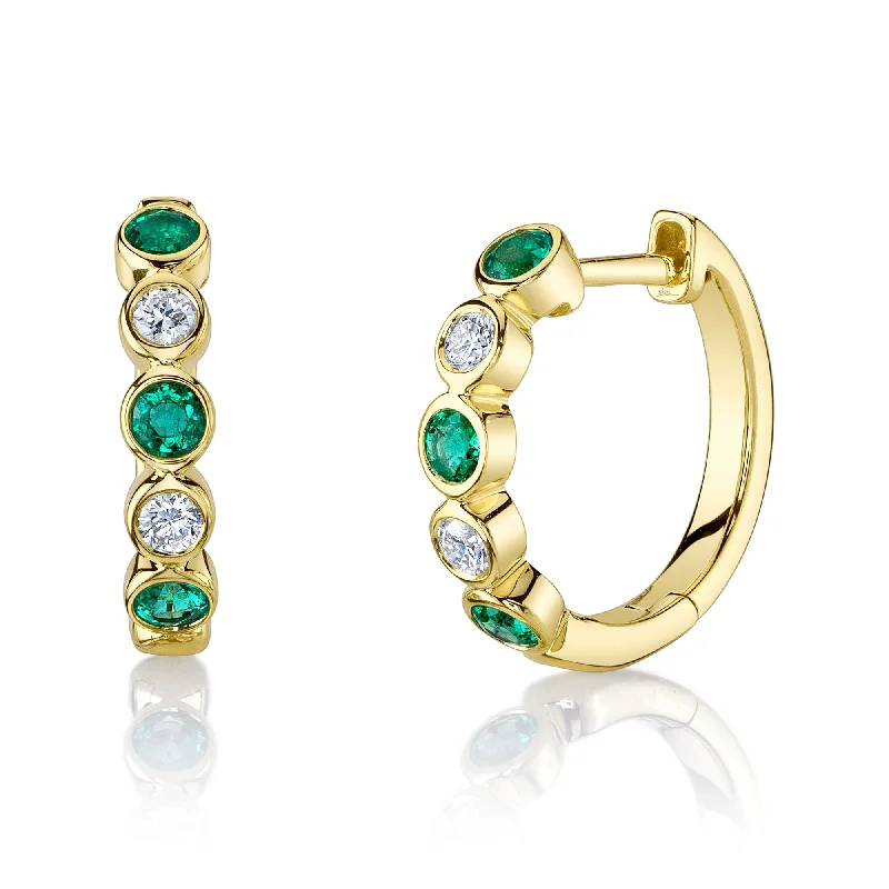 statement earrings for women-14kt Yellow Gold Bezel Huggie Earrings / 0.16ct TW Diamond & 0.33ct Emerald TW