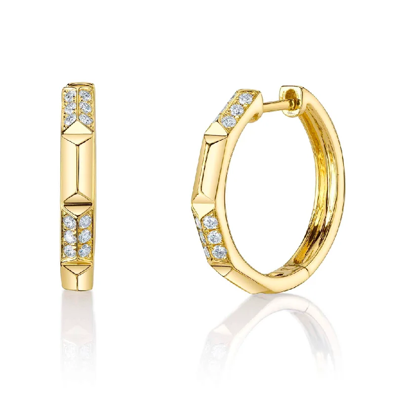 clip-on earrings for women-14kt Yellow Gold Pave Diamond Geo Cut Hoop Earrings