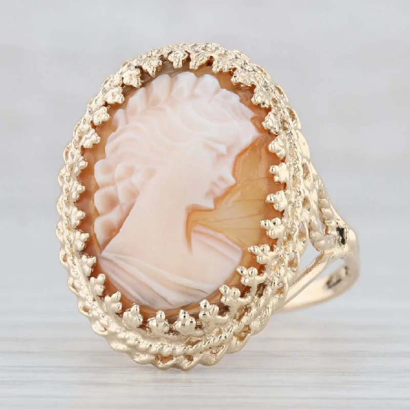 affordable solitaire engagement rings for women-Shell Cameo Ring 14k Yellow Gold Size 8.5 Oval Carved Figural Vintage