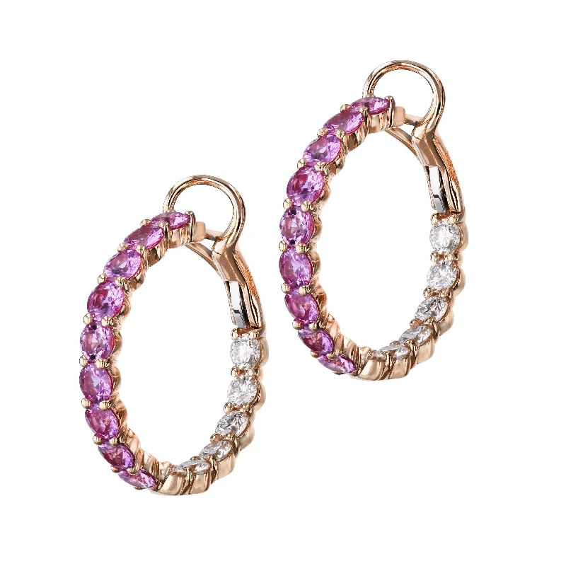 butterfly earrings for women-Pink Sapphire Diamond Rose Gold In and Out Hoop Earrings