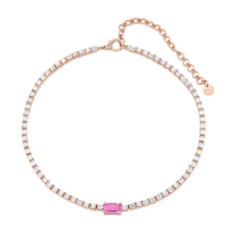 statement gold necklaces for women-PINK SAPPHIRE EMERALD CUT CENTER TENNIS NECKLACE