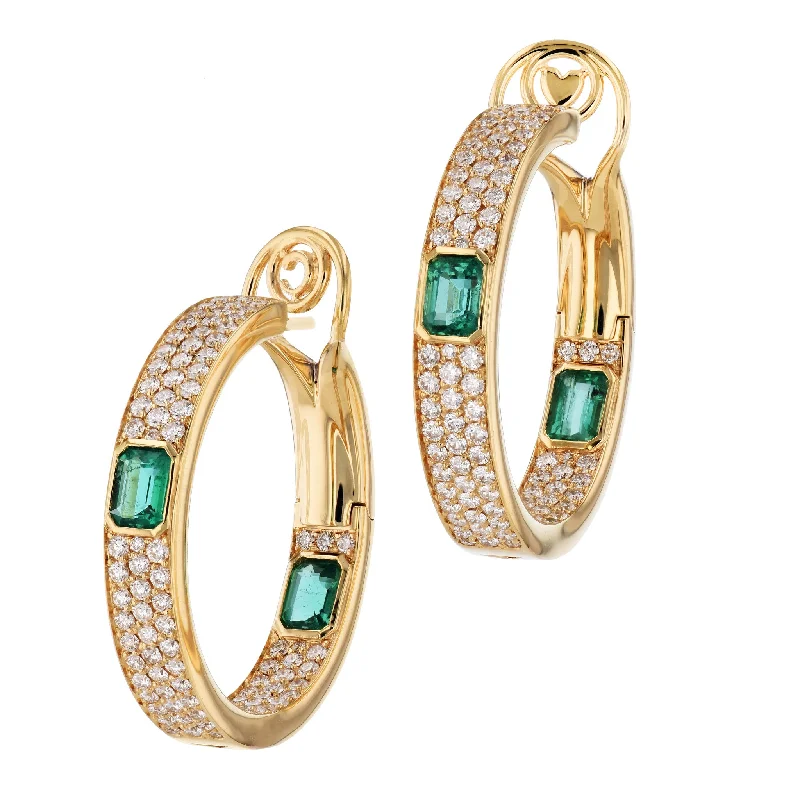 diamond hoop earrings for women-Emerald and Diamond Yellow Gold Hoop Earrings