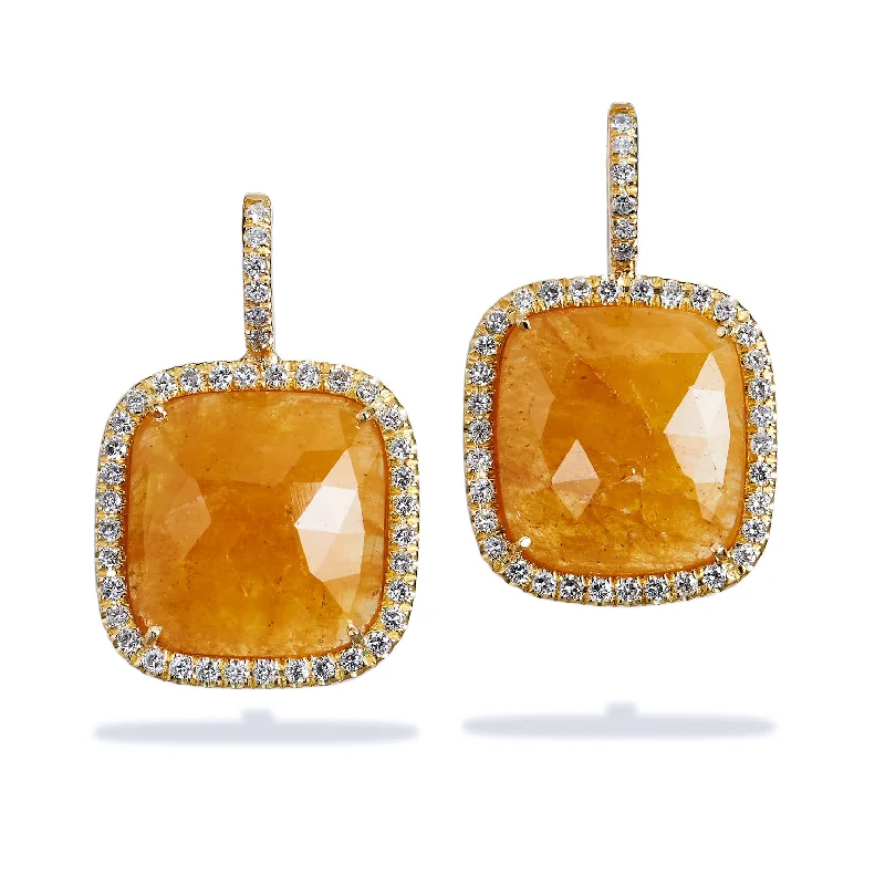 colorful gemstone earrings for women-13.58 Carat Cushion Cut Yellow Sapphire And Diamond Earrings