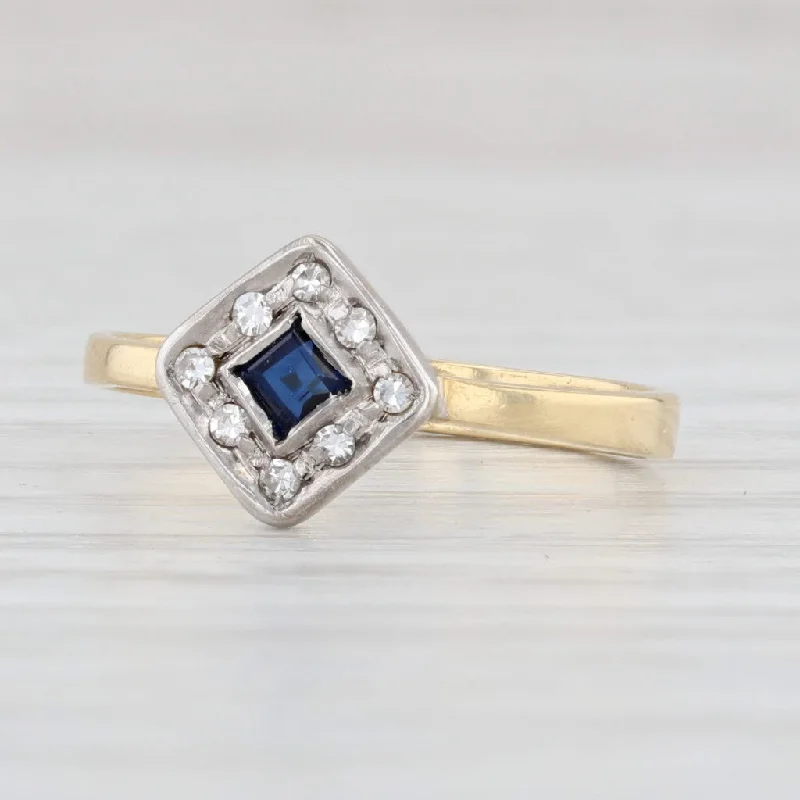 affordable diamond engagement rings for women-Vintage 0.16ctw Blue Sapphire Diamond Halo Ring 18k Gold Size 4.25