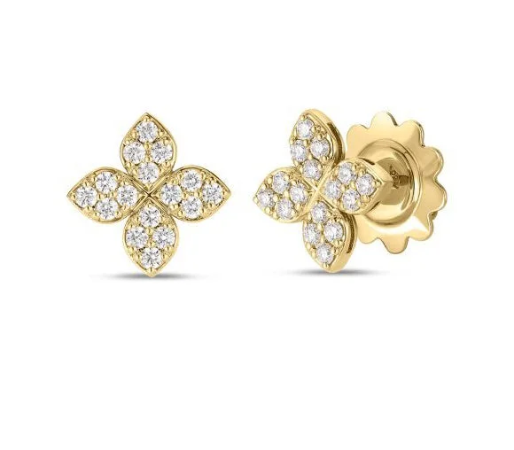 flower earrings for women-18kt Yellow Gold Pave Diamond Love in Verona Flower Stud Earrings