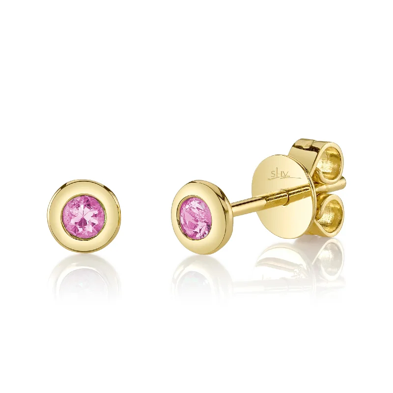 gold stud earrings for women-Yellow Gold Pink Sapphire Bezel Stella Stud Earrings