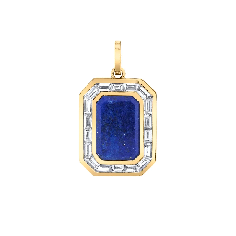 name necklaces for women-LAPIS NAMEPLATE PENDANT W/ BAGUETTE DIAMOND BORDER