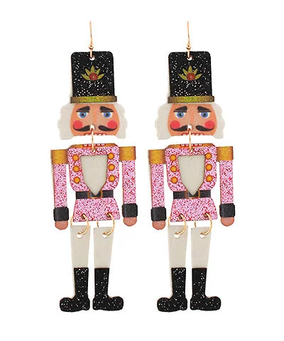 trendy earrings for women-Glitter Nutcracker Drop Earrings- Pink