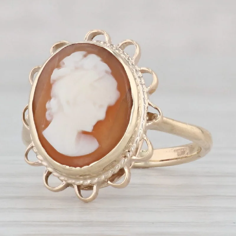 custom diamond engagement rings for women-Vintage Carved Shell Cameo Ring 9k Yellow Gold Size 5.25