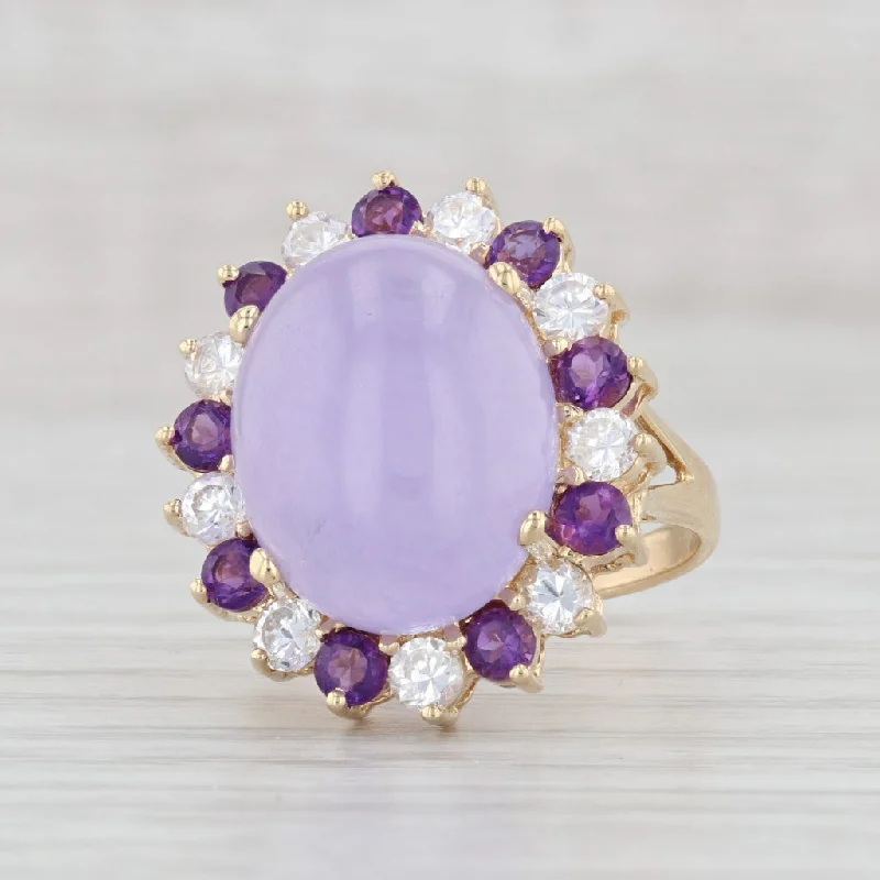 engagement rings with matching wedding bands for women-Purple Jadeite Jade Amethyst Glass Ring 14k Gold Oval Cabochon Cocktail Sz 7.75